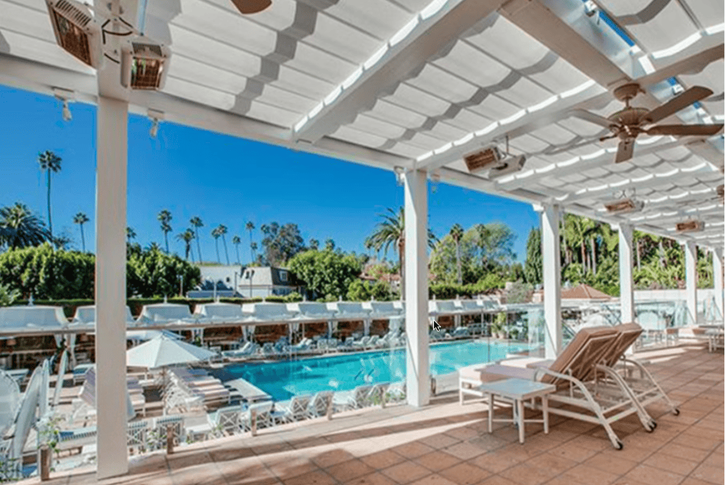 Solaira Alpha H1 heaters tandem suspended on Beverly Hills pool deck.