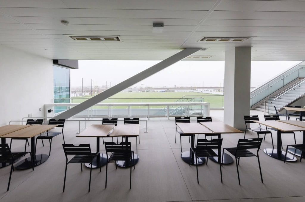 Recessed Solaira ICR H3 heaters in the ceiling of the LA Chargers training facility Upper Deck Restaurant