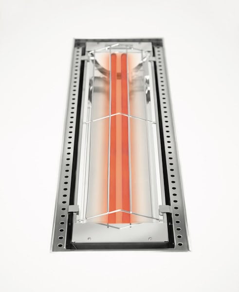 An electric outdoor heater made by Infratech designed for flush-mounting installations on stucco