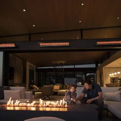 Warm modern patio with soft lighting & Infratech radiant heaters