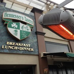 Solaira Alpha H1 heater on patio outside Hennessey’s Tavern, Hermosa Beach CA, just steps off the sand.