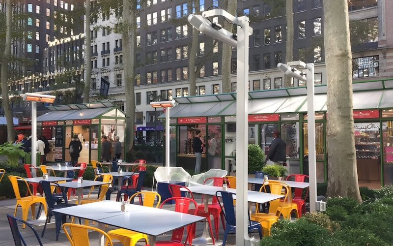 A view of Bryant Park NYC shown with Solaira Alpha H2 post mounted heaters