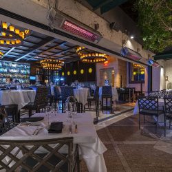 Sunpak S34 SS wall-mounted gas heaters on a restaurant patio area